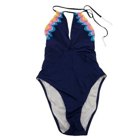 Sunshine 79 Mio High Neck Keyhole One Piece Swimsuit Size 8 Navy Blue Rainbow - Picture 2 of 11